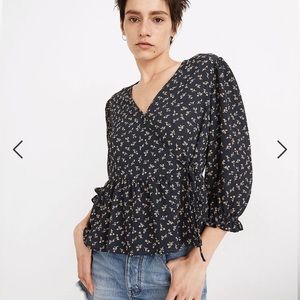 Madewell Floral Puff Sleeve Peplum Wrap Top in Spring Fling